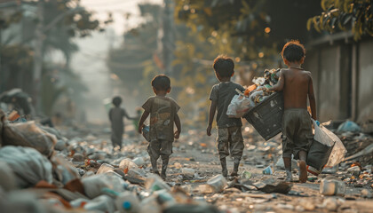 Three children carrying a trash bag walk down a street by AI generated image