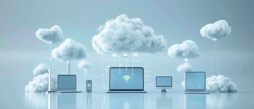 Cloud Based Technology Devices connected by clouds, silver and sky blue