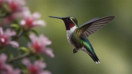 Naklejka premium A single hovering hummingbird in isolated blurred bokeh spring blossom flower background