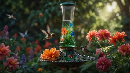 A serene garden scene with a vibrant hummingbird feeder adorned with colorful blooms, bathed in soft morning light, surrounded by lush green foliage