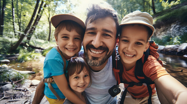 Portrait Selfie of a dad with his kids exploring Forest on Father's Day. - Powered by Adobe