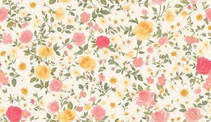 A cute, handdrawn pattern of small flowers in various shades of pink and yellow on a white background. 