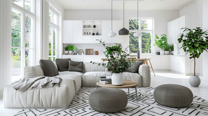 Modern living room with furniture in Scandinavian style