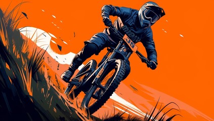 Naklejka premium A downhill bike stands on the edge of an orange and black background, with silhouettes of people behind it. 