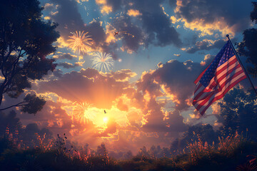 Obraz premium Flying eagle with American flag and fireworks on background, 4 July Independence Day celebration.