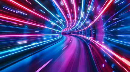 Obraz premium Neon lights streak in a high speed tunnel