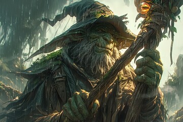 Fantasy illustration of an old goblin wizard in the rain, wearing a pointy hat and holding a staff with glowing tip.