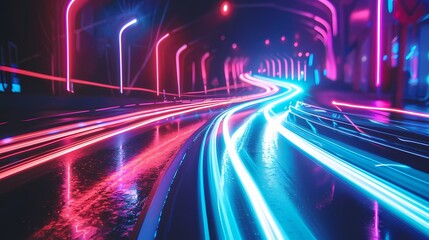 Obraz premium Neon lights streak through the night in a vibrant cityscape