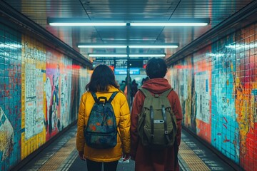 Couple walking in subway tunnel
