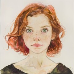 Whimsical Portrait of a Young Girl with Red Hair and Green Eyes Generative AI