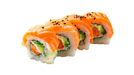 Classic Japanese Asian food. Philadelphia rolls with fresh salmon fish, cream cheese and vegetables on a transparent background