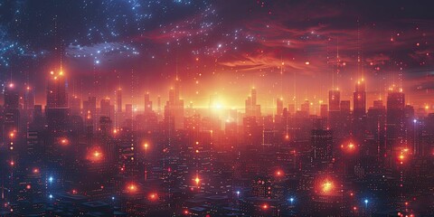 Obraz premium Minimalist art of a neon city with floating advertising holograms and digital fauna.