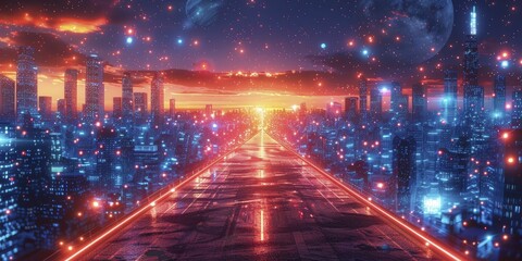 Explore the serene glow of a neon metropolis, adorned with ethereal holograms and futuristic digital creatures.