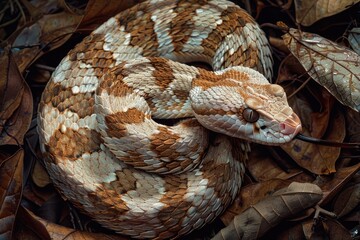 Obraz premium Female Gaboon Viper Snake (Bitis gabonica) in the Wild. Dangerous and Venomous Reptile in Natural