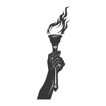 Silhouette hand holding burning torch black color only