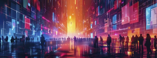 Here is the sentence: "Illustration of a neon-infused tech hub central square with people and interactive displays."