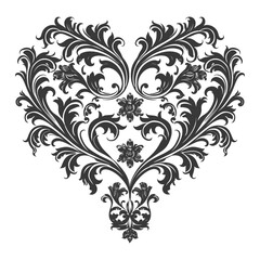 Silhouette Hearth shape Baroque ornament with filigree floral element black color only