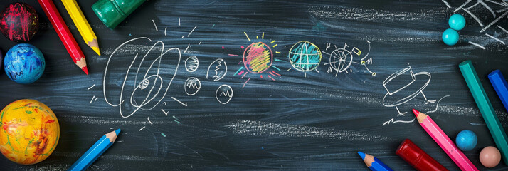 A chalkboard with a drawing of the solar system and a bunch of colored pencils by AI generated image