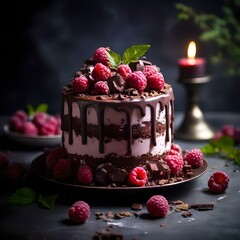 chocolate cake with raspberries and candles