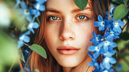 Close up beautiful woman with good skin care , purple flower and green leave as frame, beauty woman concept