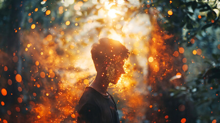 Young man standing in the middle of a dark forest But there are light particles from sunlight. Shining in Pictures that convey hope State of mind concept