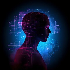 Obraz premium An electronic circuit colorful hologram appears over a male silhouette