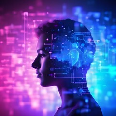 An electronic circuit colorful hologram appears over a male silhouette