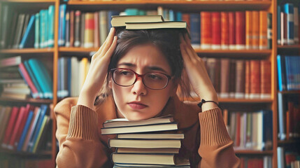 Education college student worried sitting on library , young women student wearing glasses