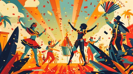 Vibrant Retro Travel Poster Celebrating Cultural Performers in Joyful Festivities