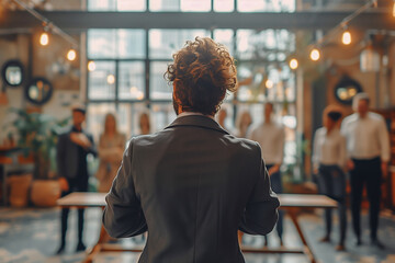 Back view, a professional leading a brainstorming session with a group of office colleagues. Perfect for brainstorming or meeting related content.