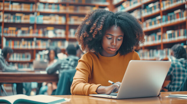 An African-American female student is sitting in a classroom at college at a laptop, about 15-17 years old.