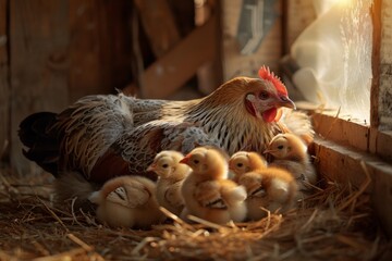 A heartwarming image of a mother hen nestled amongst her chicks in a cozy coop, bathed in the warm glow of morning sunlight