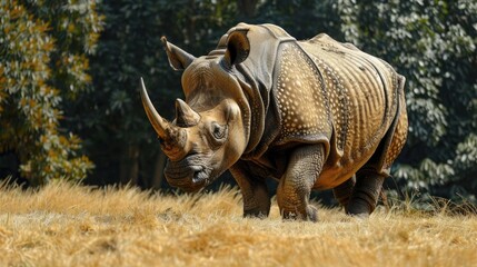 Fototapeta premium Full-length Adult Sumatran Rhino Walking on Dry Grass in Indonesia. Mammal Herbivore from Asia