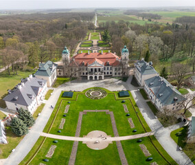 Kozlowka, Poland, Museum in the Kozlowka Zamoyskich. A park full of flowers, Palace garden in the museum Zamoyskich w Kozłówce. View from the drone.