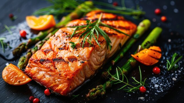 Grilled Coho Salmon Filet with Asparagus on a Fresh and Healthy Orange and Green Plate (Horizontal)