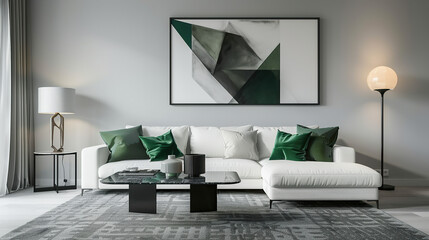 Modern interior with art. Living room with white sofa