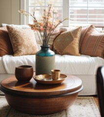 Fototapeta premium Close up of a coffee table in a living room with a beige sofa and brown pillows.