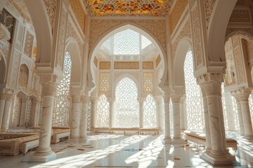 Mosque elements in ornate , Islamic architecture style interior. White, golden colors, stars Ramadan Kareem. Muslim community festival, AI-generated