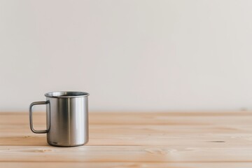 A minimalist kitchen scene a single, stainless steel mug sits on a light wood table with a clean white background, perfect for showcasing a recipe or beverage message