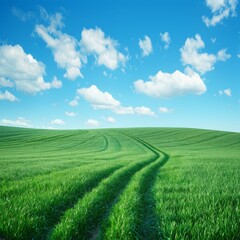 Naklejka premium Wide field of green grass, with the horizon in focus and blue sky above 