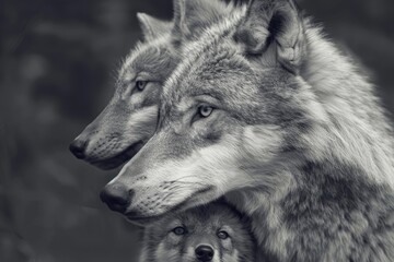 Fototapeta premium The Devoted Wolf Mom and Pup in the Wild: A Beautiful Display of Grey Fur and Natural Wildlife