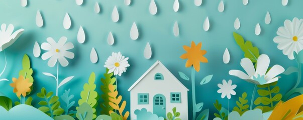 A paper cutout scene of a refreshing summer rain shower cutout raindrops falling on cutout flowers and a cutout house