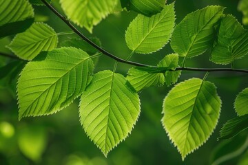 Fototapeta na wymiar Macro View of Ulmus Americana Leaves on Tree Stem - A Nature Object of Green Botany Growth 