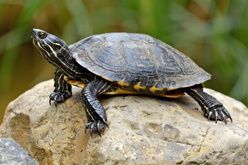 Fototapeta premium California Western Pond Turtle Resting on Rock in Nature's Habitat - A Cute and Slow Reptile