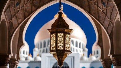 Fototapeta premium Eid al-Adha Wallpaper Featuring Mosque and Lantern