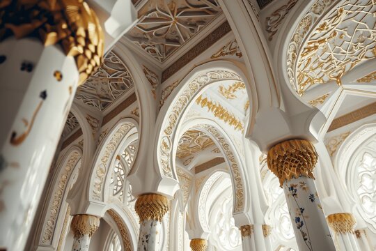 Mosque elements in ornate , Islamic architecture style interior. White, golden colors, stars Ramadan Kareem. Muslim community festival, AI-generated