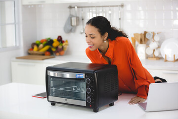 Attractive African Latin American female repairing and fixing microwave oven or kitchen electrical...