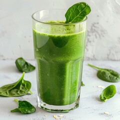 Green smoothie with spinach or other green vegetables and fruits on a light background.
