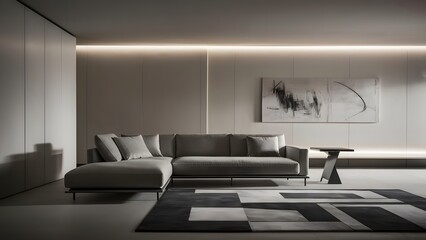 A minimalist living room sofa in soft gray fabric againts modern and clean lined wall. Ai Generate