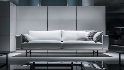 minimalist interior design white sofa positioned against a modern, unadorned wall. Generative AI
